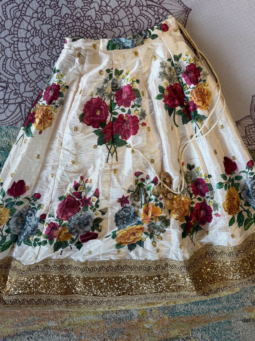 Floral Gold-Trimmed silk blend Skirt - White with Multicolor Roses (lehenga)